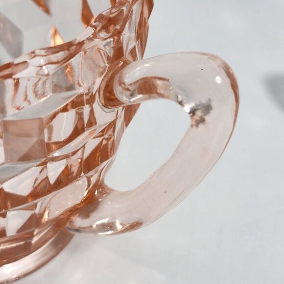 Pink Depression Glass Creamer Sugar Bowl Set Diamond Pattern Handles - Picture 9 of 10